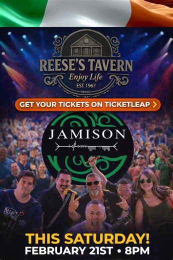 🎸🔥 JAMISON LIVE AT Reese’s Tavern 🔥🎸 This Saturday • February 21st • 8PM Get ready for a HIGH-ENERGY night of live music with Jamison taking over the stage at Reese’s Tavern! 🍻🎶 If you’ve seen them before, you already know… If you haven’t — this is the show you don’t want to miss. ✅ Big sound ✅ Packed dance floor ✅ Cold drinks flowing ✅ Reese’s electric Saturday night atmosphere 🎟 Grab your tickets NOW before we sell out: 👉 https://events.ticketleap.com/tickets/reesestaverncom/jamison-li
