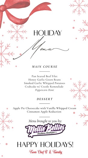 VIP Holiday Party!🎄 We put got back in our catering bag real quick and something really special for a beautiful family this holiday season. Check it out 😎🙌🏾 Course1 Cast Iron Beef Filets, Honey Garlic Green Beans, Boursin Mashed, ADD Crab cake w/ Pink Peppercorn Demi Course 2 House made Apple Pie Cheesecake, dehydrated apple chips, local apple cider reduction, DR Vanilla bean whipped cream You need Chef B to impress your guests? Visit melliebellies.com and fill out our request form or just m