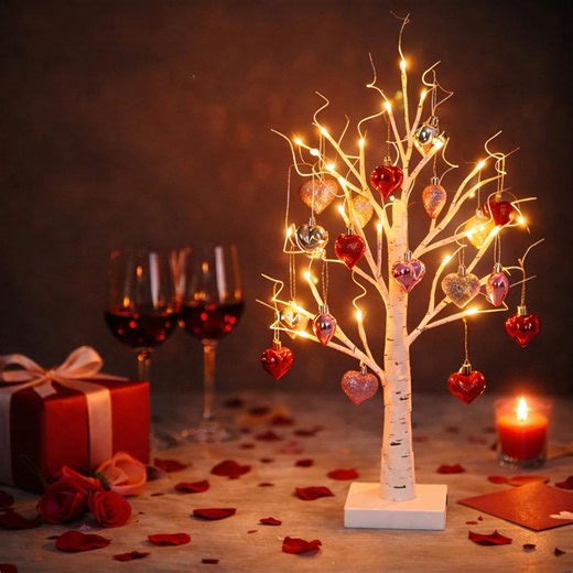 Romantic Heart-Shaped Birch Tree Lamp, 24" LED Tabletop Tree with Hanging Hearts, DIY Artificial Twig Night Light for Decor