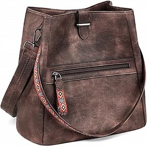 FADEON Bucket Bag for Women, Designer PU Leather Crossbody Hobo Purses, Trendy Shoulder Tote Handbag for Work Brown