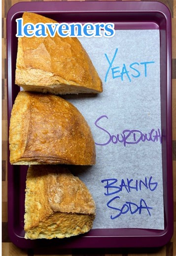 Making Bread with 3 Different Leaveners Soda Bread (yield: one 750g loaf) 2¾ cups (385g) all-purpose flour ¼ cup (35g) whole wheat flour 1 teaspoon baking soda 1 teaspoon table salt 1½ cups (341g) buttermilk 1. Preheat the oven to 450°F (230°C). Line the bottom of a 10-inch (25cm) cast-iron skillet with a piece of parchment paper. 2. Mix the flours, baking soda, and salt together in a large mixing bowl to evenly distribute the leaveners. 3. Pour the buttermilk over the dry ingredients and mix to