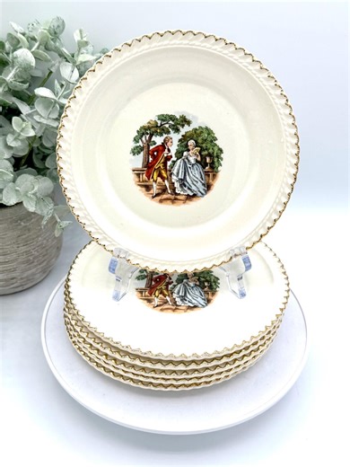 Vintage Harker Pottery Courting Couple Plates | 22KT Gold USA Scalloped | Set of 6 - Etsy