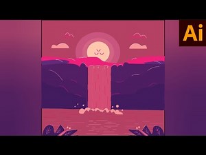 Beautiful Waterfall landscape 💜 | Adobe illustrator | Vector Art | Speed Art