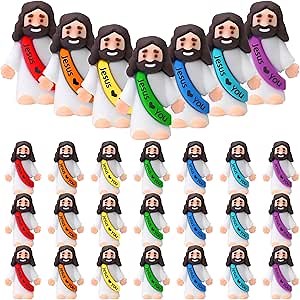 Bememo 25 Pcs Little Jesus Figures, Mini Jesus Loves You Figures, Original Design Multicolor Tiny Figurines to Hide and Seek, Sunday School Religious Party Favors Gift(Rainbow Color)