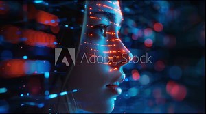 Ai generative, Deepfake, A digital face with red and blue lines representing artificial intelligence and deepfake technology in a futuristic context.