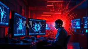 Hacker working in a dark room with multiple computer screens showing abstract patterns.