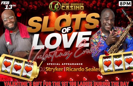 ❤️ Lucky in Love? Or Just Lucky? 🎰 It's the 🎀 '𝒮𝐿♡𝒯𝒮 ♡𝐹 𝐿♡𝒱𝐸'🎀 𝙑𝙖𝙡𝙚𝙣𝙩𝙞𝙣𝙚'𝙨 𝙀𝙫𝙚𝙣𝙩 𝙖𝙩 𝙅𝙖𝙙𝙚 𝙈𝙤𝙣𝙠𝙚𝙮 𝘾𝙖𝙨𝙞𝙣𝙤. Why wait until the 14th? Spin into romance at Slots of Love — 𝙁𝙧𝙞𝙙𝙖𝙮 13𝙩𝙝,𝙁𝙚𝙗𝙧𝙪𝙖𝙧𝙮! Join us for a night of themed promotion, complimentary love cocktails, giveaways, and a chance to win BIG! ✨Bring your lucky someone and make Valentine’s Eve unforgettable. 🥂 | Jade Monkey Ltd