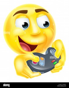A gamer cartoon emoji emoticon smiley face character holding a video games controller playing games Stock Photo - Alamy