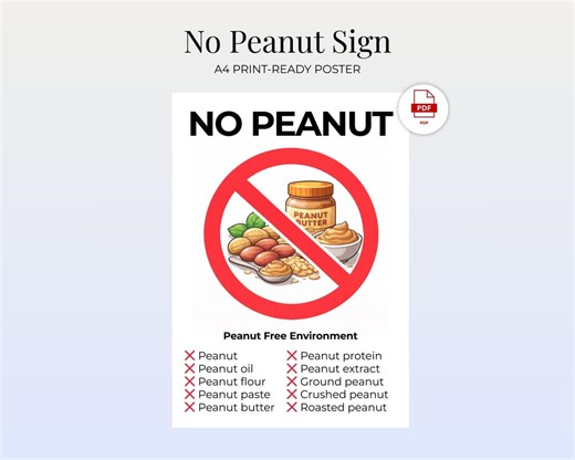 No Peanuts Sign Printable A4 | Peanut Free Environment Poster | Peanut Allergy Warning Sign for Home, Office & Shared Spaces | PDF - Etsy