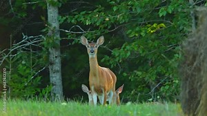 Deer stomping and snorting in the meadow. Northern Canadian province wilderness. Stomping and snorting warns of danger, alerting others in the herd with the sounds of hooves and nose.