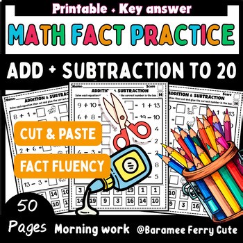 Cut and Paste Math Worksheets Addition Subtraction to 20 1st Grade Math Centers