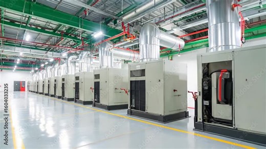 Dynamic tracking shot through a modern factory, revealing powerful industrial HVAC and ventilation system infrastructure.