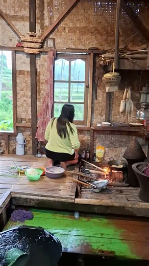 Cooking in a Bamboo House with an INDOOR Spring! 🏡🔥 #Shorts