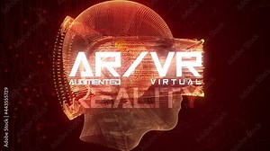 Stunning VFX graphics animation depicting emerging technology in the Virtual Reality Augumented Reality space, with spinning head with VR goggles, abstract plexus design, in orange color scheme