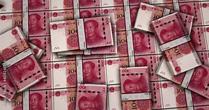 Renminbi Chinese yuan banknotes 3d animation. 100 RMB money packs. Camera view from close to long distance. Concept of business, economy, crisis, banking and finance in China.