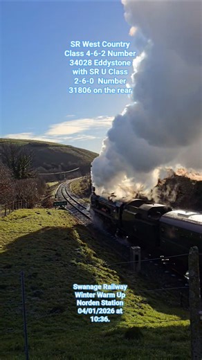 SR West Country Class 4-6-2 Number 34028 Eddystone & SR U Class 2-6-0 Number 31806 Swanage Railway
