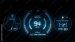 Digital car dashboard with navigation, speedometer, battery indicator.