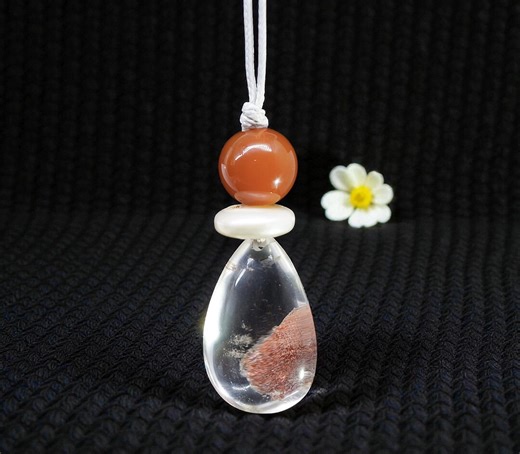 Red Phantom Quartz & Carnelian Necklace, Natural Red Agate Chunky Pendant, Genuine Pearl, Adjustable Leather Cord, Energy Jewelry #2072 - Etsy