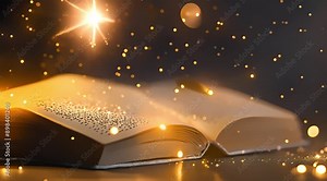 Background of opened book with golden light, 4k graphic video, generative ai