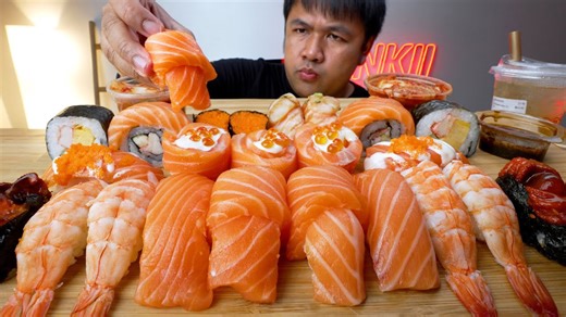 กินซูชิเยอะที่สุดในชีวิต ซูชิแซลมอน ไข่แซลมอน กุ้ง