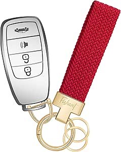 Fishent Stretchy Car Keychain, Nylon Braided Cool Key Chain for Women Men, Universal Key Fob Holder with 3 Keyrings, Anti-Lost D-Ring, Car Accessories, Red