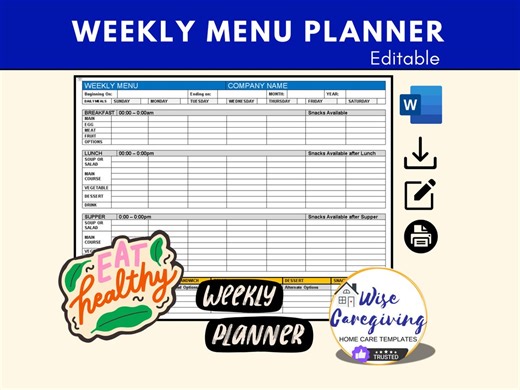Weekly Menu Planner Template: Plan Out the Home Care Meals for Clients / Residents | MS Word - Etsy Australia