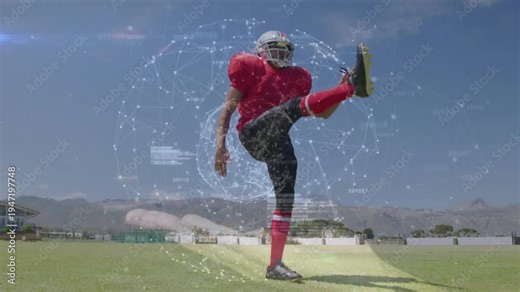 Punter shifting weight, dropping ball, executing punt for sports training, HUD appearing around him