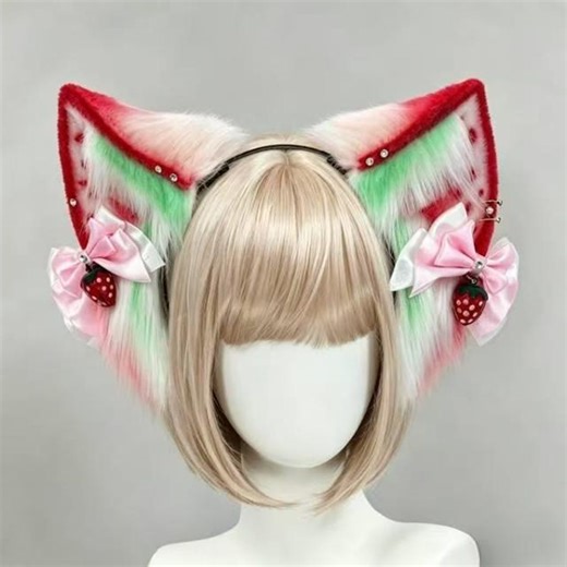 Handmade Strawberry Cat Ear Headband – Plush Animal Cosplay Accessory (daily Wear) - Etsy