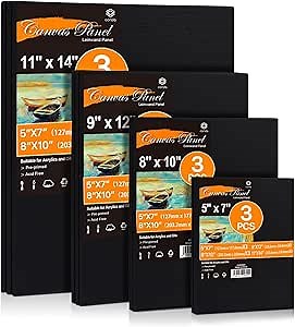 CONDA Black Canvas Board for Painting, 12 Pack Multi Size 11x14, 9x12, 8x10, 5x7(3 of Each), Primed, 100% Cotton, Acid Free Artist Canvas Panels for Oil Acrylic & Watercolor Paint
