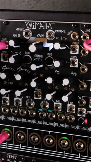 Creating eight overlapping functions with PoliMATHS! In this patch, PoliMATHS is in its Channel Index Activation mode, following the Channel Index voltage from our forthcoming multichannel oscillator for the New Universal Synthesizer System and modulating the levels of its channels via a pair of QXGs (all "behind the scenes" using chain cables for normalled connections of audio and CV). As the Rise and Fall times on PoliMATHS are set long enough to overlap, the resultant sound is a chordal, poly