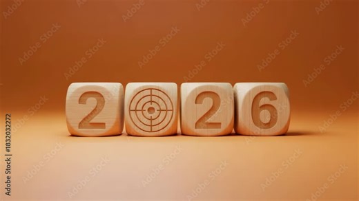 Wooden blocks displaying the number 2026, with a target symbol replacing the zero to represent setting goals, objectives, and new year's resolutions for the upcoming year of opportunity