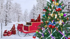 Close up of outdoor decorated christmas tree and santa claus sleigh full of christmas gift boxes among snowy winter forest at snowfall. Festive 3D animation for Xmas or New Year holidays Stock Video
