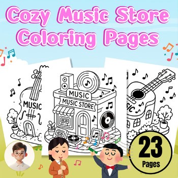 Cozy Music Store Coloring Pages | 23 Musical Shop Line Art Printables for Kids
