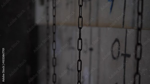 Close-up of chains hanging near a gray wall with various numbers and dashes in a dark scary room. The room of horrors. Quest. A dark room for passing obstacles and tactical games.