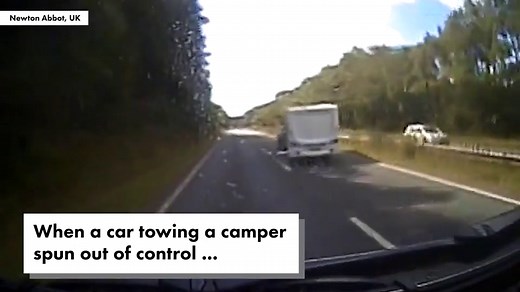 Driver and dog survive spun-believable camper crash