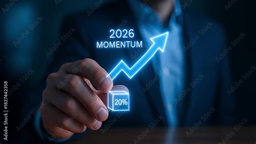 2026 momentum 20% growth arrow businessman hand holding glowing chart forecasting upward trend optimistic business planning 2026 momentum growth arrow rising 20% progress business projection