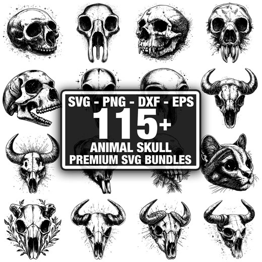 120+ Animal Skull Bundle, Tribal Bone Illustrations, Instant Download Png, Dxf, Eps, Svg - Etsy