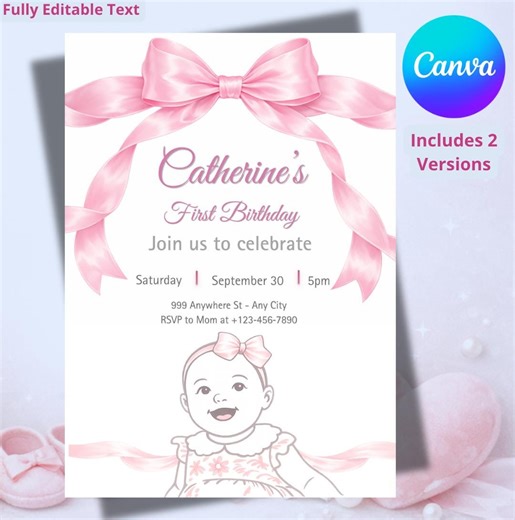 Pink Bow First Birthday Invitation Editable Text Only Baby Girl Template Digital Download - Etsy