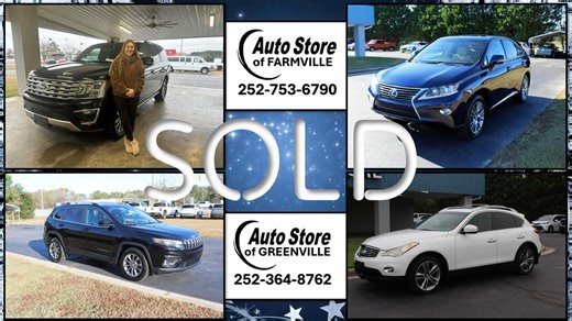 Please help us shout out a HUGE CONGRATULATIONS and WELCOME the Auto Store Group's newest #family members who will be driving into the holidays in STYLE! Ms. Crets purchased a gorgeous new to her Ford Expedition! Sales Associate: Christina Artis Location: Auto Store of Farmville 8827 W Marlboro Rd Farmville 252-753-6790 Ms. Ballance purchased a beautiful new to her Jeep Cherokee! Sales Associate: Nina Perez Location: Auto Store of Greenville 4002 S Memorial Dr Winterville 252-364-8762 Mr. Bynum 