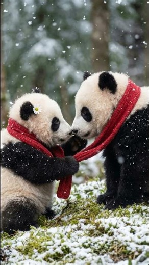 【癒し】雪遊びで見つけた赤いマフラー🧣ふたりで巻けば温かいね❄️