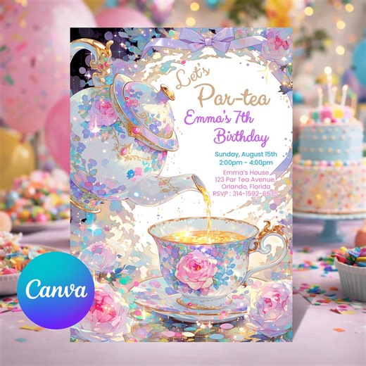 Tea Party Birthday Invitation Template 5x7 | Editable Canva Invite | Floral Par-tea Party Invite | Instant Download - Etsy
