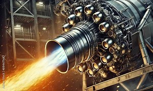 rocket engine igniting, with flames and sparks emanating from the nozzle