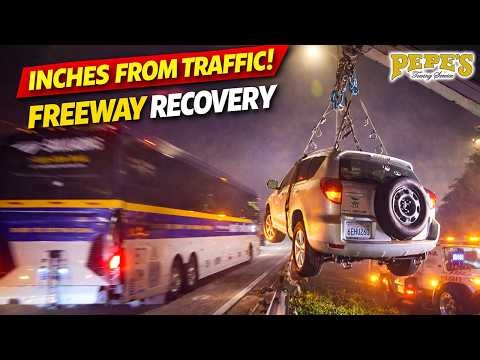 Recovering This SUV Inches From Freeway Traffic