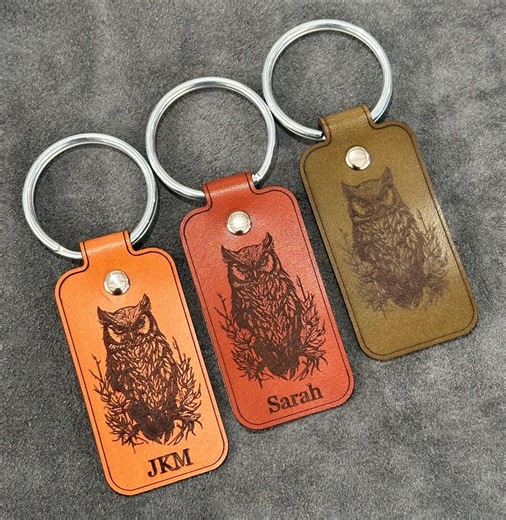 Great Horned Owl Tag Leather Keychain | Handmade Custom Keychain With Your Name or Initials - Etsy