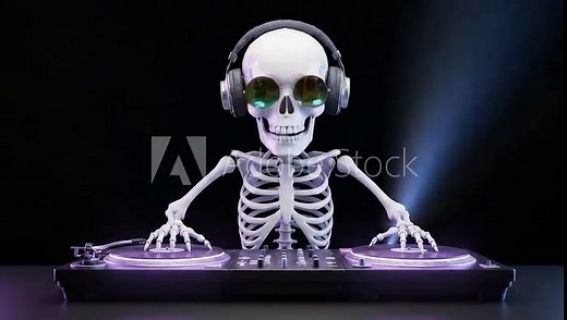 Skeleton DJ playing music with headphones on turntables