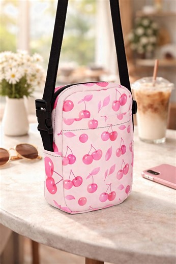 Pink Cherry Print Utility Crossbody Bag, Adjustable Strap, Travel Purse - Etsy UK