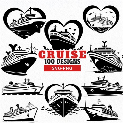 Cruise Ship SVG PNG Designs Bundle, Cruise Ship Heart Clipart, Nautical Boat Cut Files, Commercial Use, Cruise Travel Silhouettes - Etsy