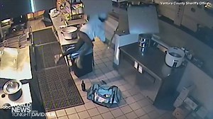 11K views · 241 reactions | SMOOTH CRIMINAL? Surveillance video captured the moment a suspect fell through the ceiling during a burglary at a restaurant in Ventura County, California, striking a metal food prep counter before hitting the floor; police are searching for two people who allegedly stole cash and wine. https://abcn.ws/33riI9r | ABC World News Tonight with David Muir | Facebook