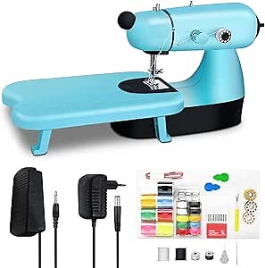 Mini Sewing Machine for Beginners, Upgraded Portable Electric Sewing Machine with Extension Table, LED Light, Foot Pedal, Sewing Bag, Small Sewing Machine Easy to Use for Leather Clothes Jeans (Blue)