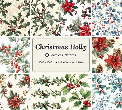 40 Christmas Holly Seamless Patterns | Watercolor Poinsettia Red Berries Pine Leaves Winter Holiday Digital Paper Backgrounds - Etsy